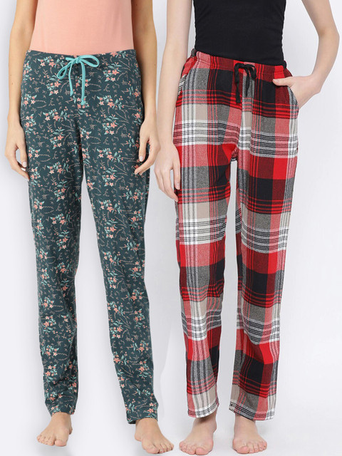 

Kanvin Women Pack Of 2 Green & Red Printed Lounge Pants