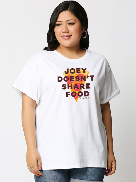 

Bewakoof Women White Joey Doesn't Share Printed Boyfriend Plus Size Round Neck T-shirt