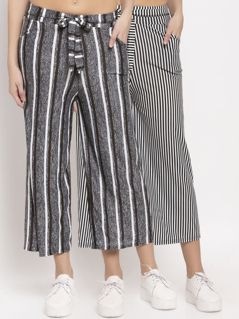 

KLOTTHE Women Pack of 2 Multicoloured Striped Wide Leg Palazzos, Grey
