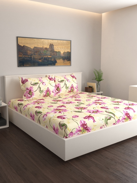 

GRES HOME Beige & Purple Floral 120 TC Cotton 1 Queen Bedsheet with 2 Pillow Covers