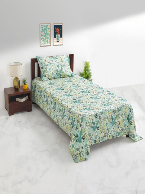 

Chumbak Green & Teal Ethnic Motifs 200 TC Cotton 1 Single Bedsheet with 1 Pillow Covers
