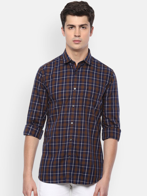 

Van Heusen Sport Men Navy Blue & Yellow Slim Fit Checked Cotton Casual Shirt