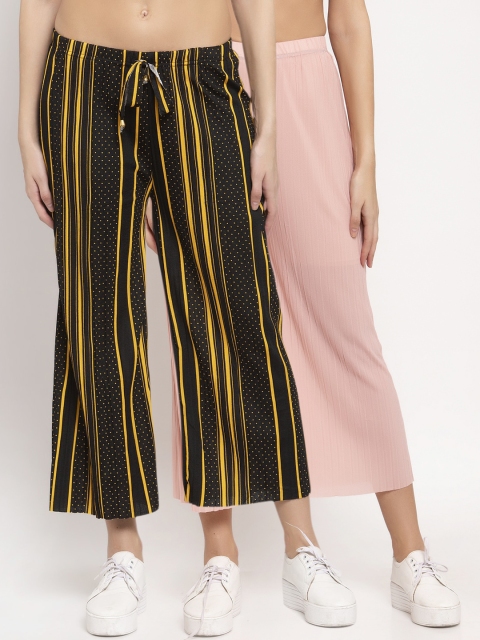 

KLOTTHE Women Pack of 2 Pink & Black Solid Wide Leg Palazzos