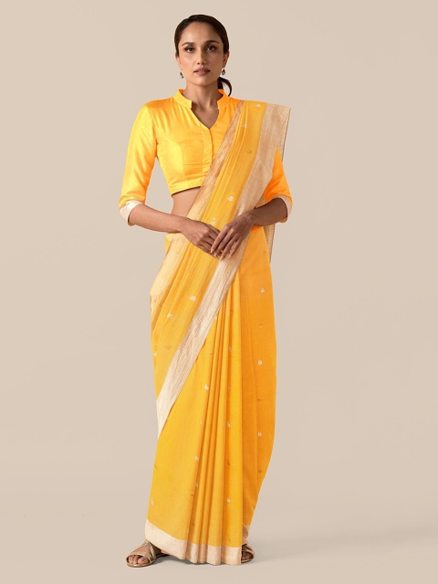 

Taneira Yellow & Gold-Toned Silk Cotton Woven Design Chanderi Saree