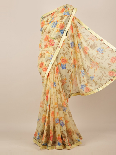 

Pothys Cream-Coloured Floral Printed Poly Chiffon Saree