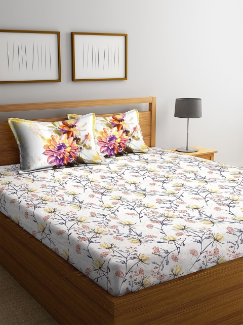 

BOMBAY DYEING White & Yellow Floral 160 TC Cotton 1 King Bedsheet with 2 Pillow Covers