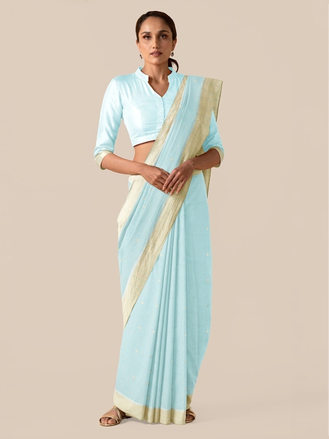 

Taneira Turquoise Blue & Gold-Toned Silk Cotton Woven Design Chanderi Saree