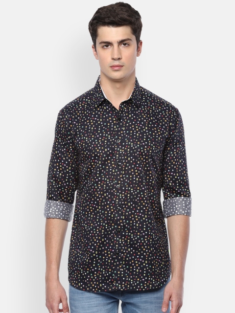 

V Dot Men Navy Blue & Yellow Slim Fit Printed Casual Shirt