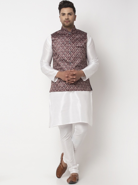 

Benstoke Men White & Brown Solid Kurta with Churidar & Nehru Jacket