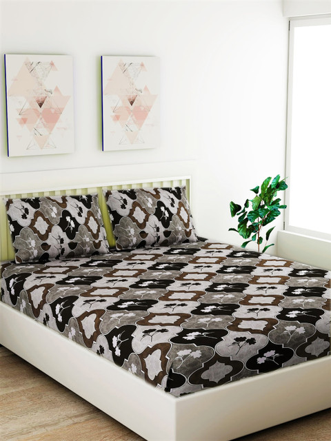 

Salona Bichona Grey & Black Ethnic Motifs 120 TC Cotton 1 King Bedsheet with 2 Pillow Covers
