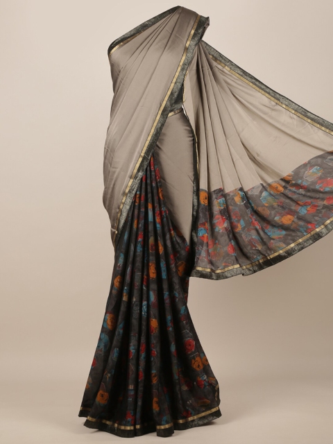 

Pothys Grey Floral Printed Poly Chiffon Saree