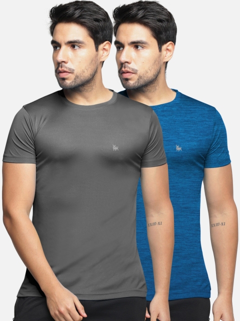 

BULLMER Men Pack Of 2 Grey & Blue Solid Dry-Fit Round Neck T-shirt