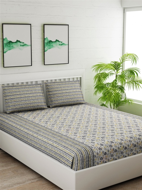 

Salona Bichona White & Yellow Conversational 144 TC Cotton 1 King Bedsheet with 2 Pillow Covers