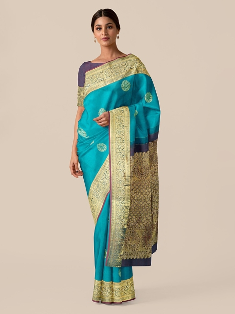 

Taneira Blue & Gold-Toned Pure Silk Woven Design Kanjeevaram Saree