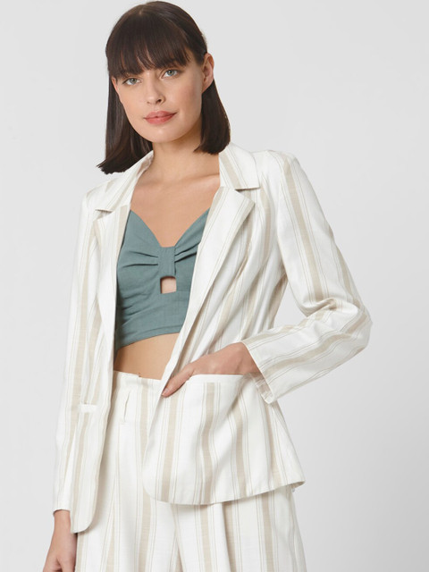 

Vero Moda Women Beige & White Striped Front-Open Casual Blazer