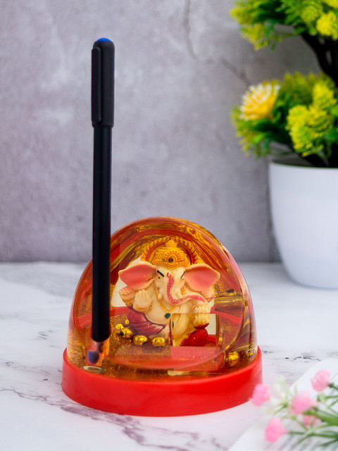 

Golden Peacock Red & Yellow Lord Ganesha Dome-Shaped Paper Weight With Pen Holder