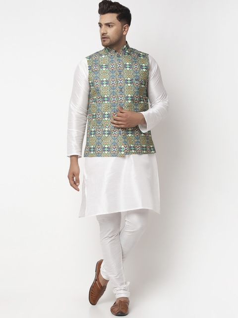 

Benstoke Men White & Green Solid Kurta with Churidar & Nehru Jacket