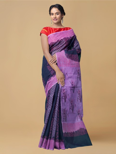 

Unnati Silks Navy Blue & Purple Organza Printed Kota Saree