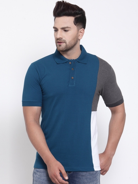 

Kalt Men Teal Blue & Grey Colourblocked Polo Collar T-shirt
