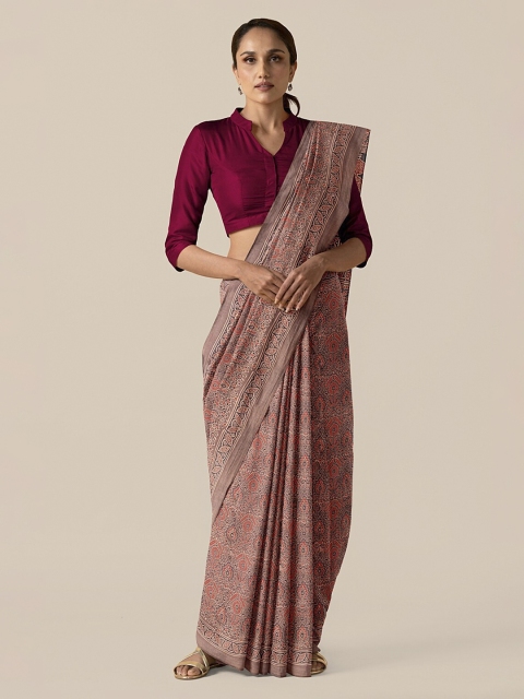 

Taneira Brown Pure Cotton Woven Design Block Print Saree
