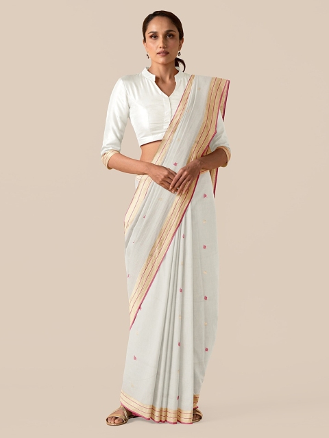 

Taneira Off-White & Pink Silk Cotton Woven Design Chanderi Saree