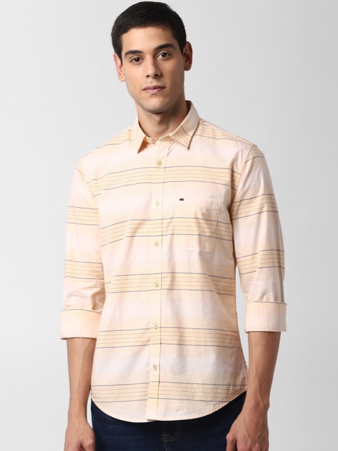 

Peter England Casuals Men Cream-Coloured & Navy Blue Slim Fit Striped Casual Shirt