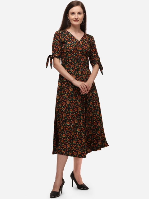 

SAADHVI Women Navy Blue & Orange Floral Printed Fit and Flare Dress