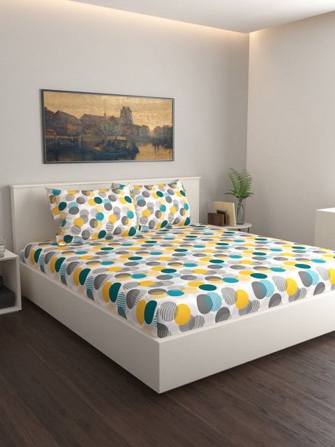 

GRES HOME Yellow & White Geometric 120 TC Cotton 1 King Bedsheet with 2 Pillow Covers