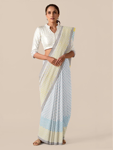 

Taneira Off-White & Blue Pure Cotton Printed Block Print Saree