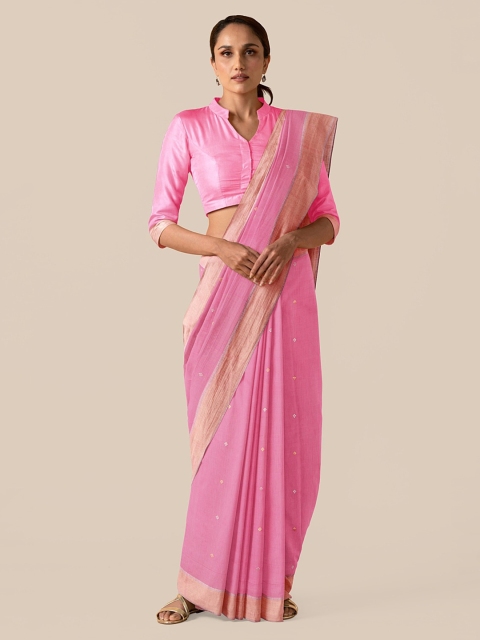 

Taneira Pink & Gold-Toned Silk Cotton Solid Chanderi Saree