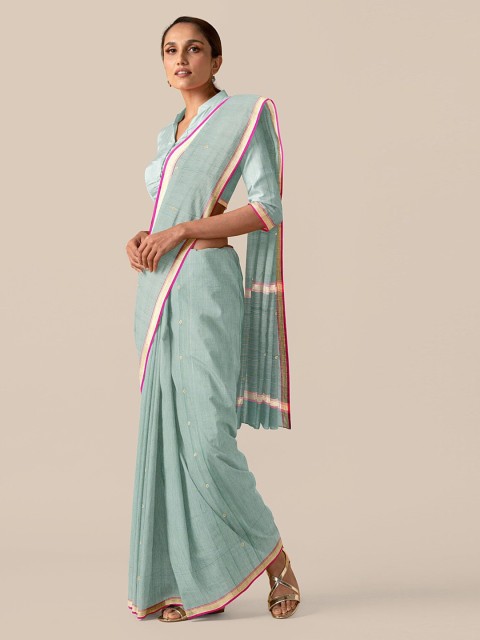 

Taneira Green Silk Cotton Striped Chanderi Saree