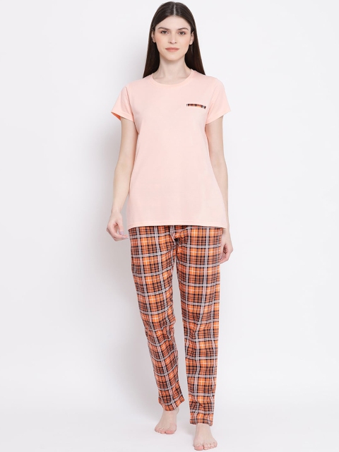 

Kanvin Women Peach-Coloured & Orange Solid Night suit