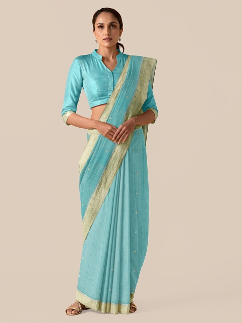 

Taneira Green & Gold-Toned Silk Cotton Solid Chanderi Saree