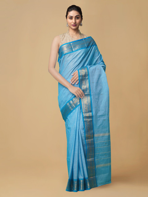 

Unnati Silks Blue Pure Cotton Solid Handcrafted Uppada Saree