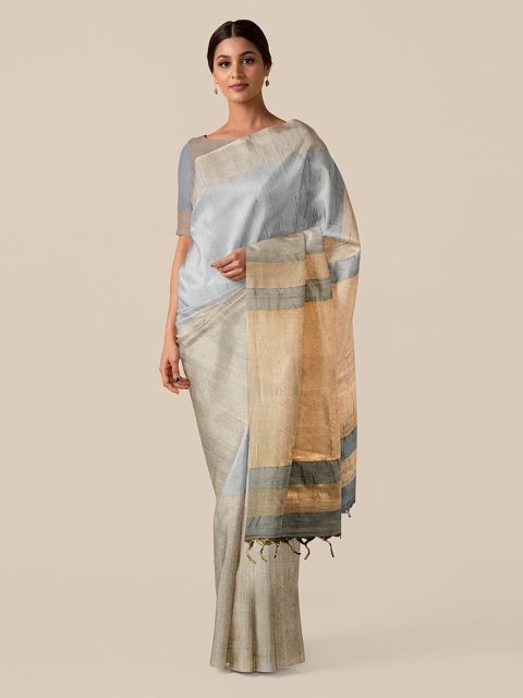 

Taneira Grey & Gold-Toned Pure Silk Woven Design Bhagalpuri Saree