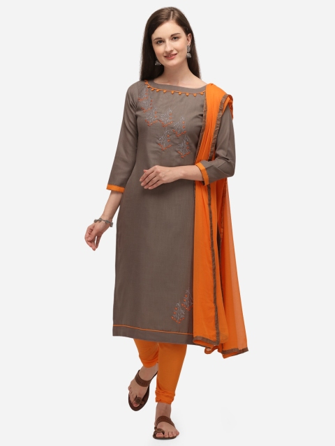 

mf Brown & Orange Embroidered Cotton Blend Unstitched Dress Material