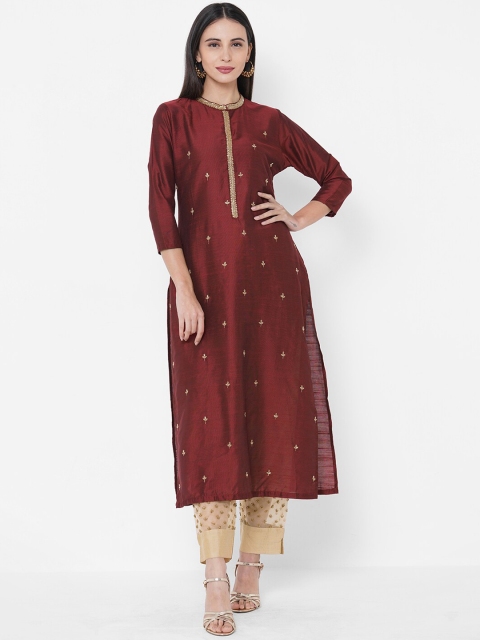 

FASHOR Women Maroon & Gold-Toned Embroidered Kurta