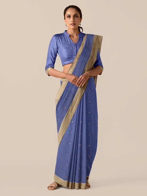 

Taneira Blue & Gold-Toned Silk Cotton Solid Chanderi Saree
