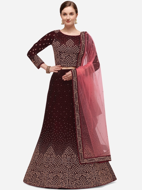 

NAKKASHI Burgundy & Pink Embellished Semi-Stitched Lehenga & Blouse with Dupatta