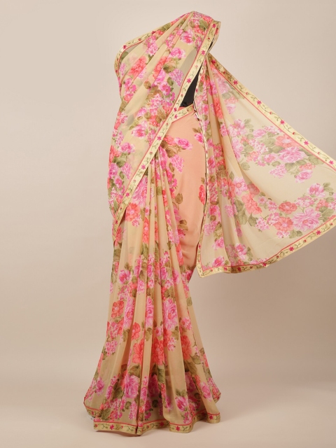 

Pothys Cream-Coloured & Pink Poly Chiffon Printed Saree