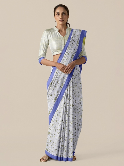 

Taneira Off-White & Blue Pure Cotton Printed Block Print Saree