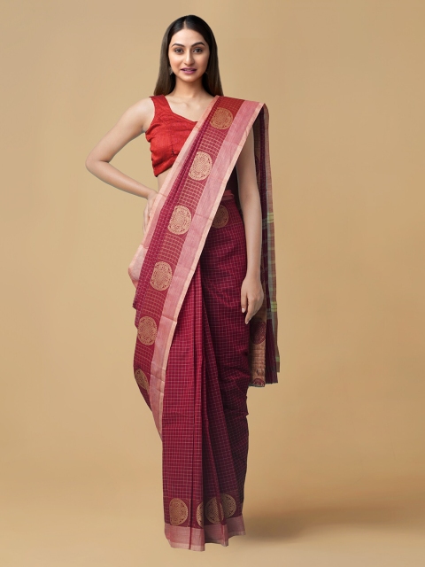 

Unnati Silks Red Pure Cotton Checked Chettinad Saree