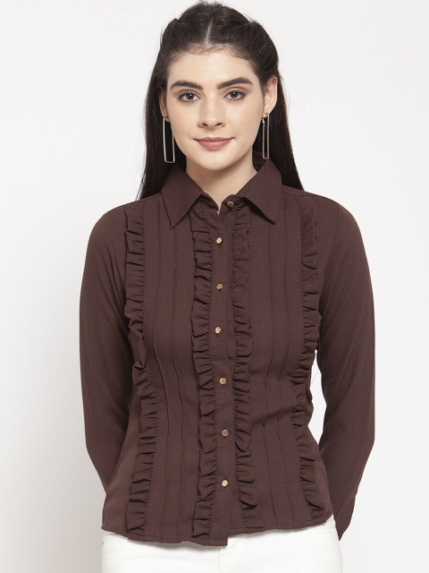 

armure Women Brown Regular Fit Solid Ruffled Casual Shirt