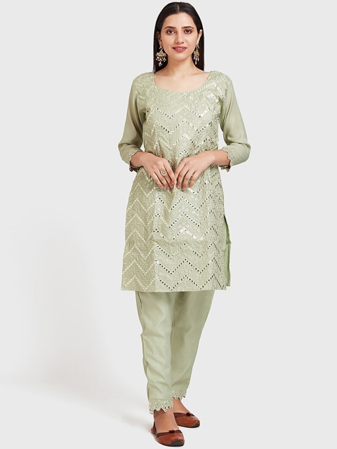 

Neerus Women Lime Green Self Design Kurta with Trousers
