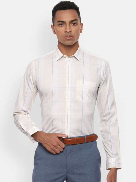 

Van Heusen Men Cream-Coloured & Blue Slim Fit Checked Formal Shirt
