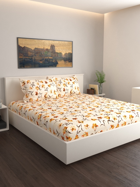 

GRES HOME Beige & Yellow Floral 120 TC Cotton 1 King Bedsheet with 2 Pillow Covers
