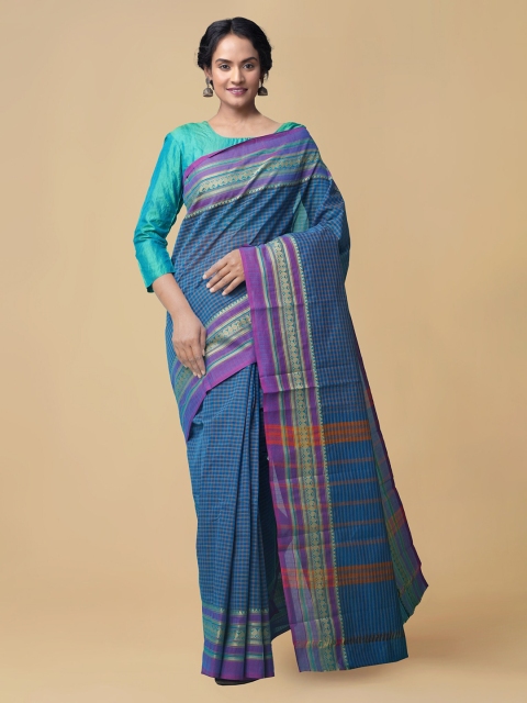 

Unnati Silks Blue Pure Cotton Solid Chettinad Saree