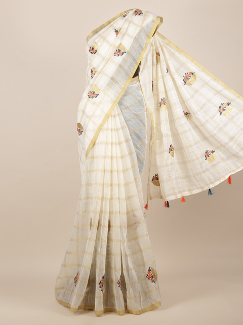 

Pothys Cream-Coloured Checked Jute Silk Saree