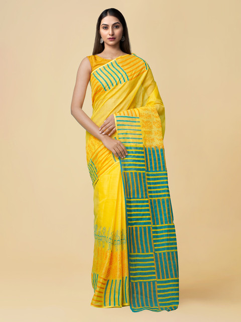 

Unnati Silks Yellow & Green Organza Hand Block Striped Kota Saree
