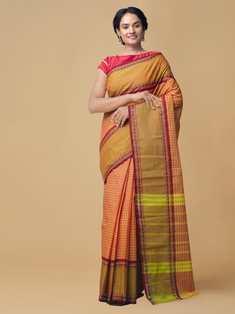 

Unnati Silks Orange Pure Cotton Checked Chettinad Saree